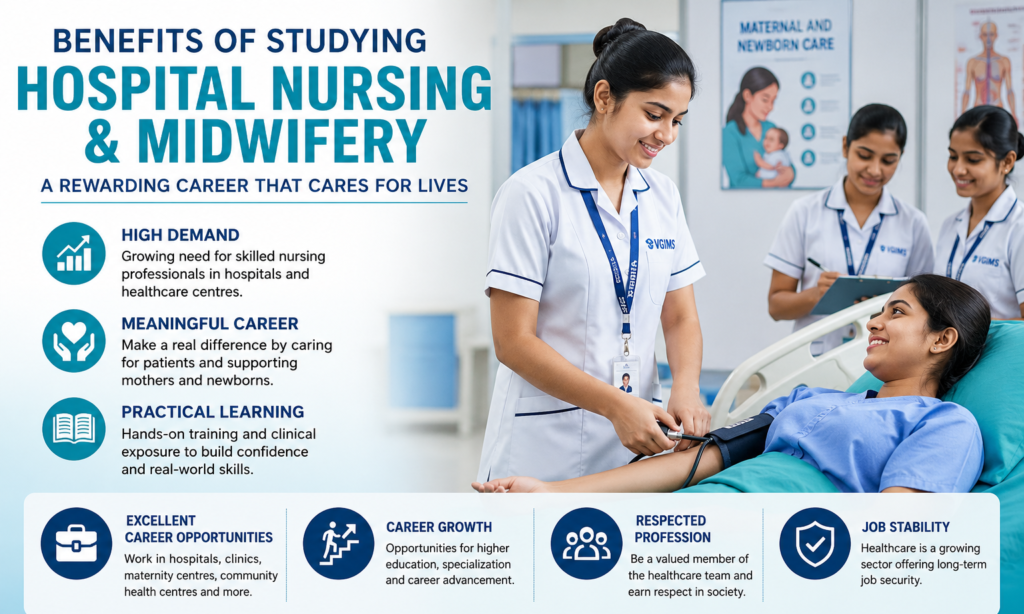 Hospital Nursing & Midwifery students receiving practical patient care training at Vasuganesan Institute of Medical Sciences (VGIMS), Chennai.