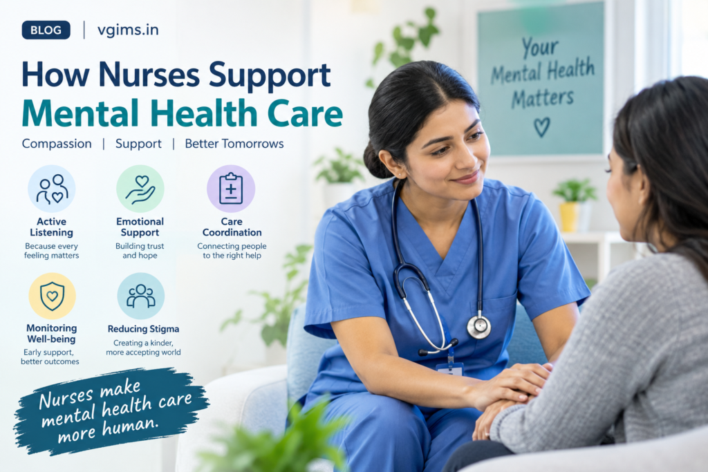 Nurse providing compassionate emotional support to a patient in a calm mental healthcare setting.